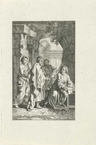 Drie figuren bezoeken een schrijver by Jacob Folkema, print, 1702-1767