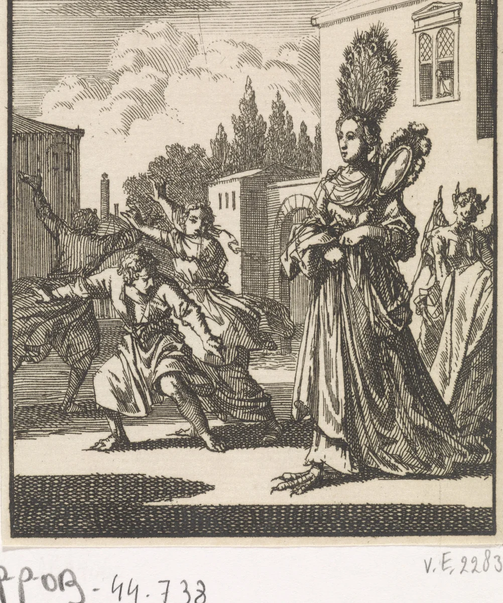Hovaardigheid met de duivel als dienstmaagd by Jan Luyken, print, 1699