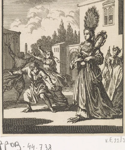 Hovaardigheid met de duivel als dienstmaagd by Jan Luyken, print, 1699