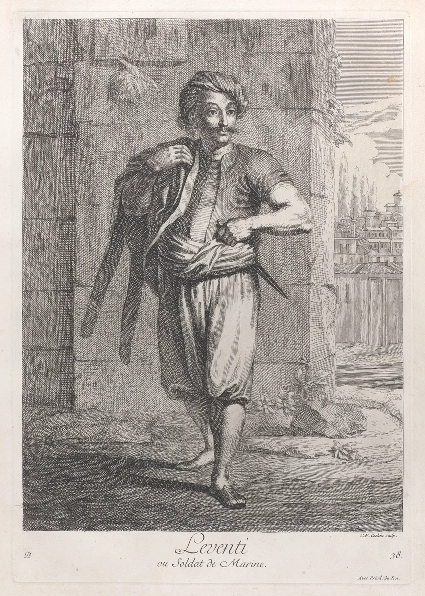 Leventi, ou Soldat de Marine, plate 38 from "Recueil de cent estampes représentent differentes nations du Levant" by Jean Baptiste Vanmour, print, 1714-1715