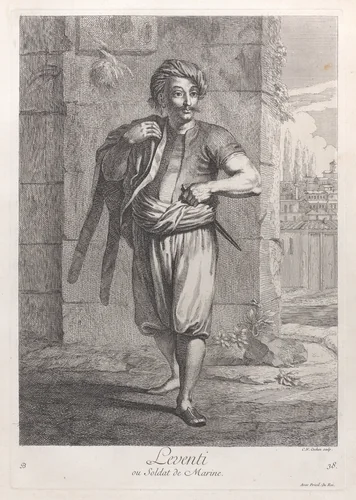 Leventi, ou Soldat de Marine, plate 38 from "Recueil de cent estampes représentent differentes nations du Levant" by Jean Baptiste Vanmour, print, 1714-1715