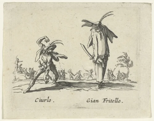 Twee straatartiesten als Ciurlo en Gian Fritello by anonymous, print, 1622-1670