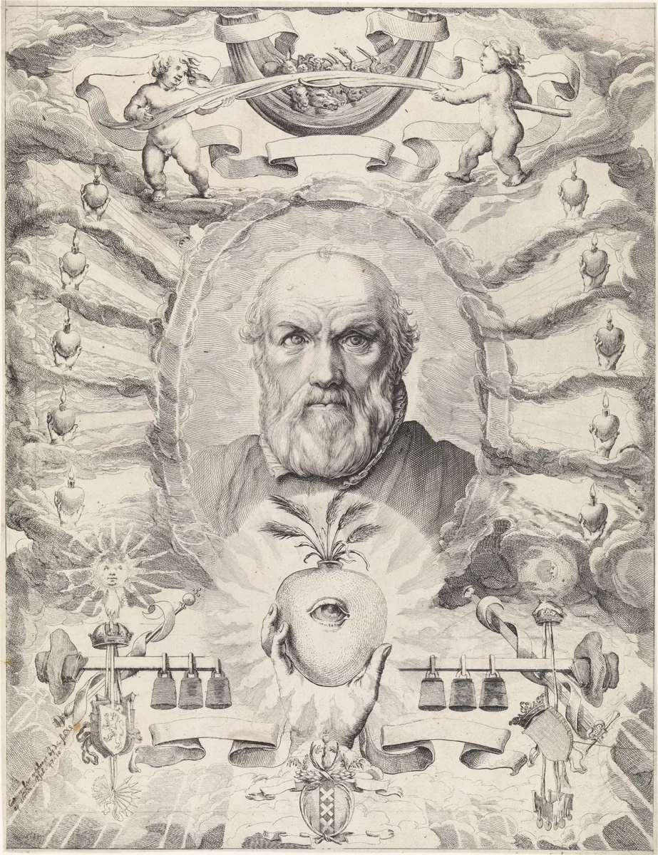 Portret van Dirck Volckertsz. Coornhert in allegorische omlijsting by Theodor Matham, print, 1647-1650