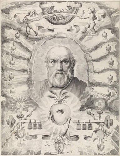 Portret van Dirck Volckertsz. Coornhert in allegorische omlijsting by Theodor Matham, print, 1647-1650
