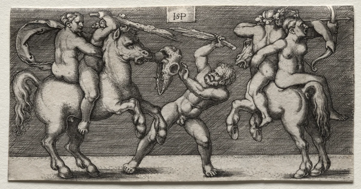 Combat of Three Men by Hans Sebald Beham, print, 1546-1547