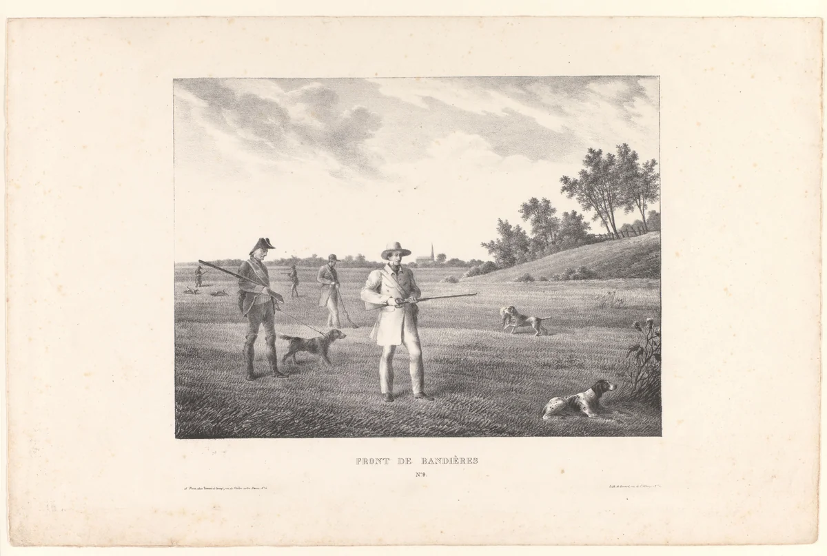 Vijf jagers in het open veld by anonymous, print, 1832-1850