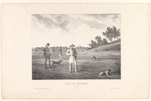 Vijf jagers in het open veld by anonymous, print, 1832-1850