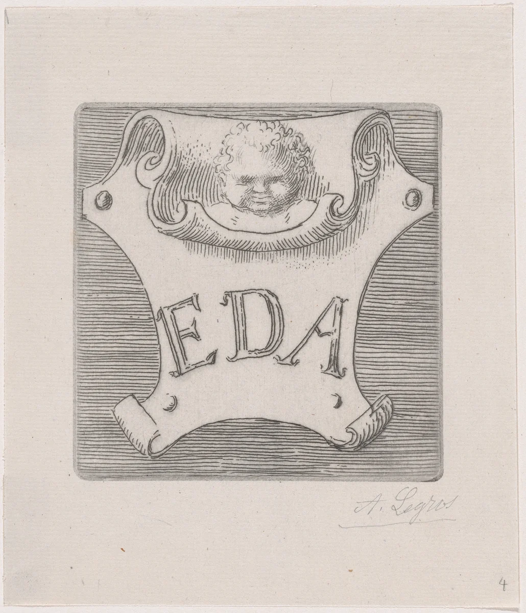 Counterproof of an impression from a name plate for Edward D. Adams by Alphonse Legros, print, 1887-1897