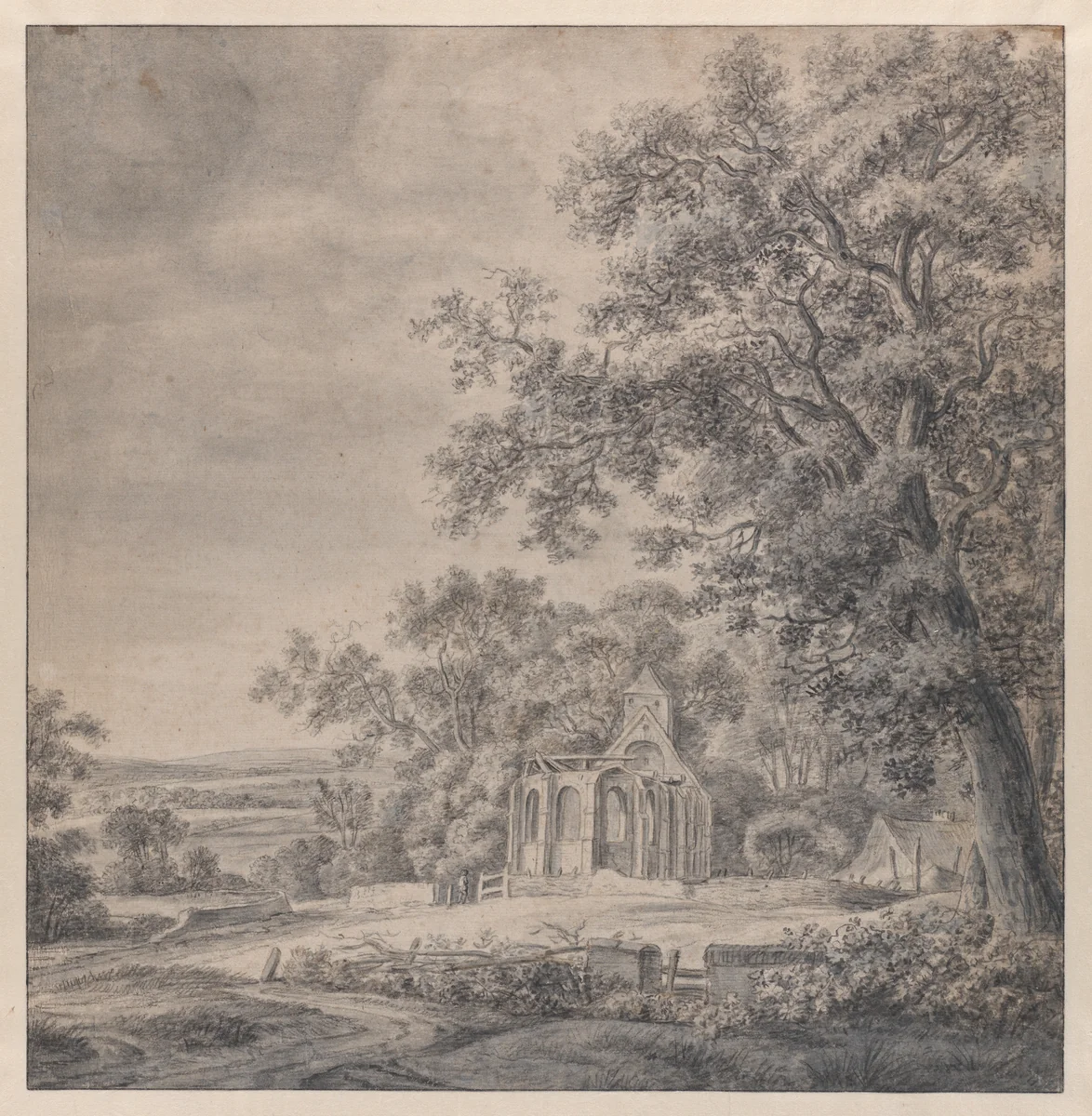 Landscape with the Ruins of the Church of Heelsum by Anthonie Waterloo, drawing, 1656-1658