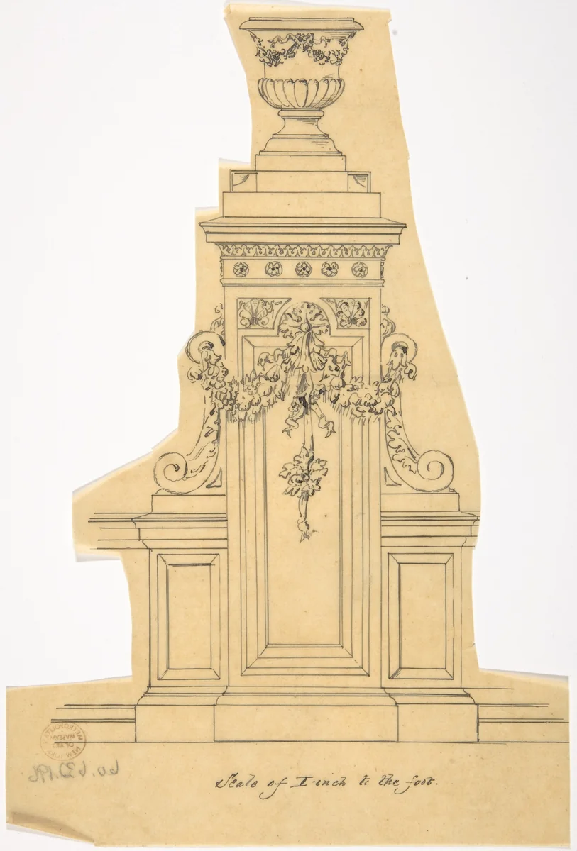 Carved Pedestal Supporting a Vase by anonymous, drawing, 1800-1900
