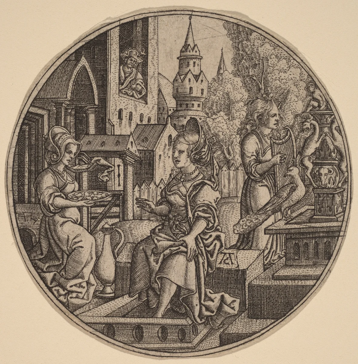 David and Bathsheba by Allaert Claesz, print, 1475-1580