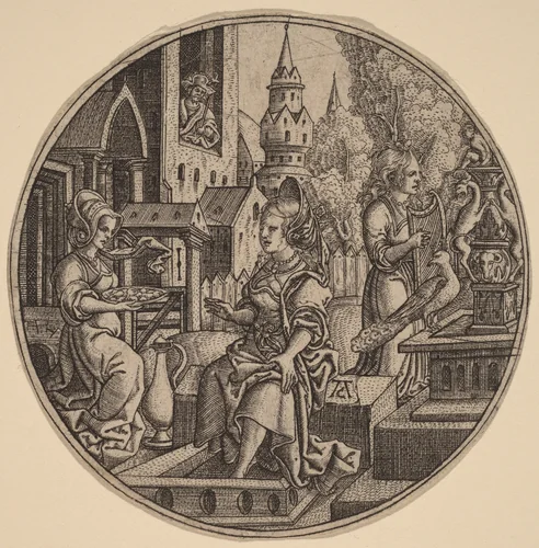 David and Bathsheba by Allaert Claesz, print, 1475-1580