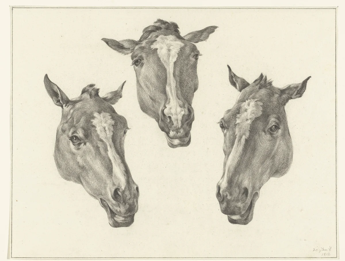 Drie paardenhoofden by Jean Bernard, drawing, 1812