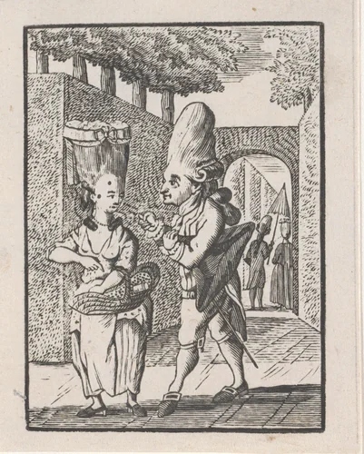 Straatverkoopster van bloemen met een klant by Hendrik Numan, print, 1746-1788