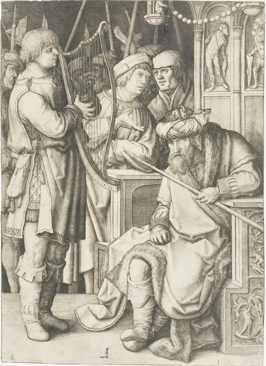 David Playing the Harp Before Saul by Lucas van Leyden, print, 1503-1513