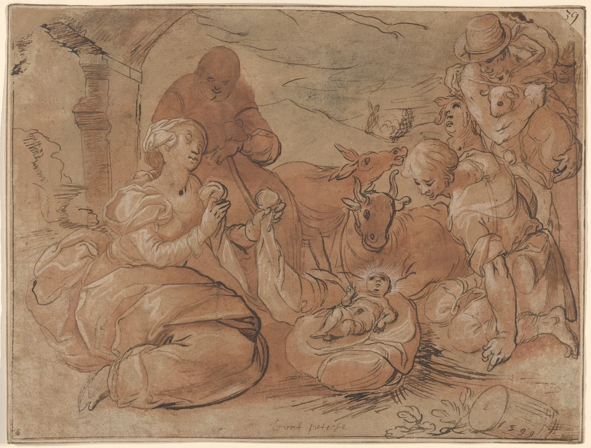 The Adoration of the Shepherds by Gerrit Pietersz. Sweelink, drawing, 1599