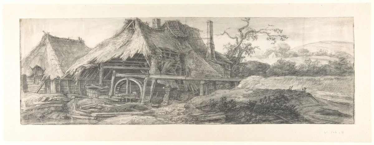 Landscape with a Mill (recto); A Steepled Façade and Farm House (verso) by Anthonie Waterloo, drawing, 1620-1690