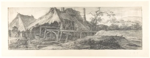 Landscape with a Mill (recto); A Steepled Façade and Farm House (verso) by Anthonie Waterloo, drawing, 1620-1690