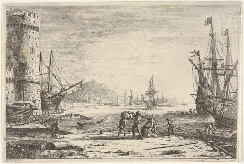 Harbor with large tower at left, and figures in the foreground by Claude Lorrain, print, 1635-1640