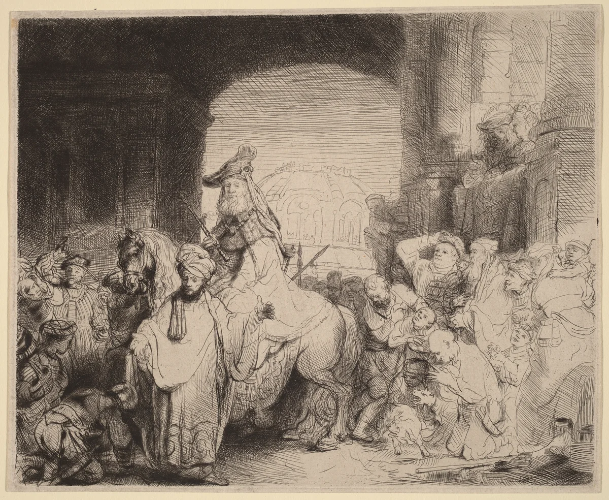 The Triumph of Mordecai by Rembrandt van Rijn, print, 1641