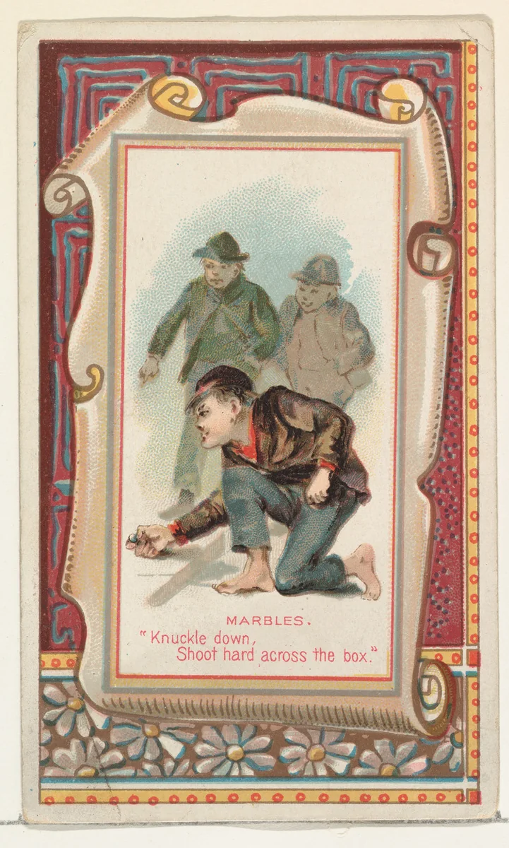 Marbles, "Knuckle down, Shoot hard across the box," from the Terrors of America set (N136) issued by Duke Sons & Co. to promote Honest Long Cut Tobacco by W. Duke, Sons & Co., print, 1888-1889