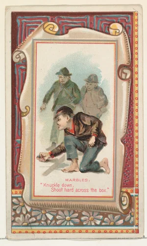Marbles, "Knuckle down, Shoot hard across the box," from the Terrors of America set (N136) issued by Duke Sons & Co. to promote Honest Long Cut Tobacco by W. Duke, Sons & Co., print, 1888-1889