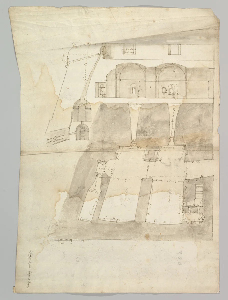 Bastione Ardeatino, Rome, plan and section (recto) Bastione Ardeatino, Rome, plans (verso) by anonymous, drawing, 1500-1560