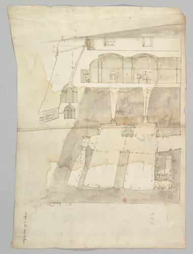 Bastione Ardeatino, Rome, plan and section (recto) Bastione Ardeatino, Rome, plans (verso) by anonymous, drawing, 1500-1560