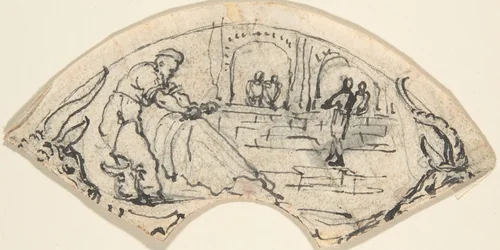 Design for a Cup(?) with a Man Putting up a Net by anonymous, drawing, 1800-1900
