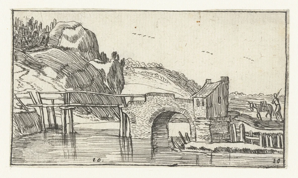 Man drijft een ezel richting een brug by anonymous, print, 1610-1617