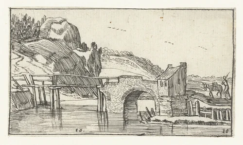 Man drijft een ezel richting een brug by anonymous, print, 1610-1617