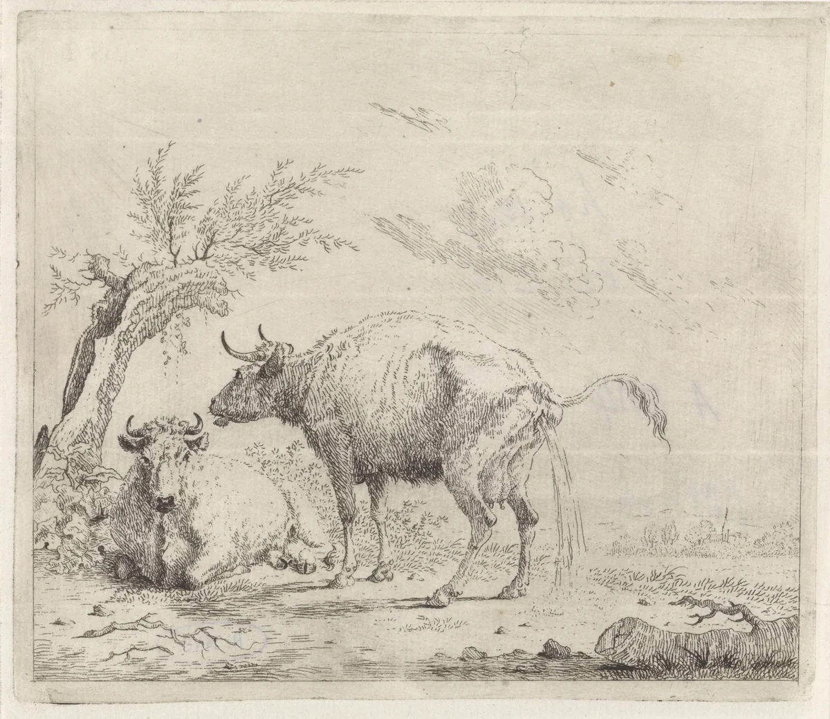 Landschap met twee koeien by Dirk van Oosterhoudt, print, 1766-1830