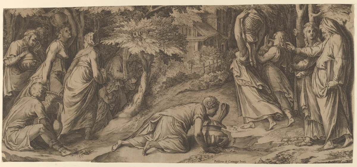 The Israelites fleeing Egypt with Moses at right extending his right hand and with a woman carrying an urn prostrate before him by Cherubino Alberti, print, 1576