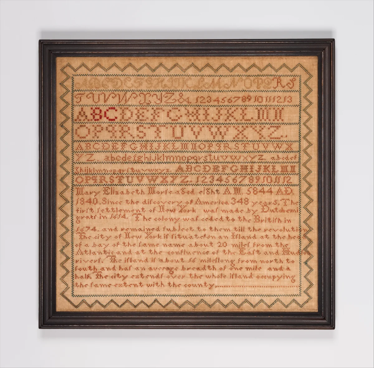 Sampler by Mary Elizabeth Morse, artwork, 1840