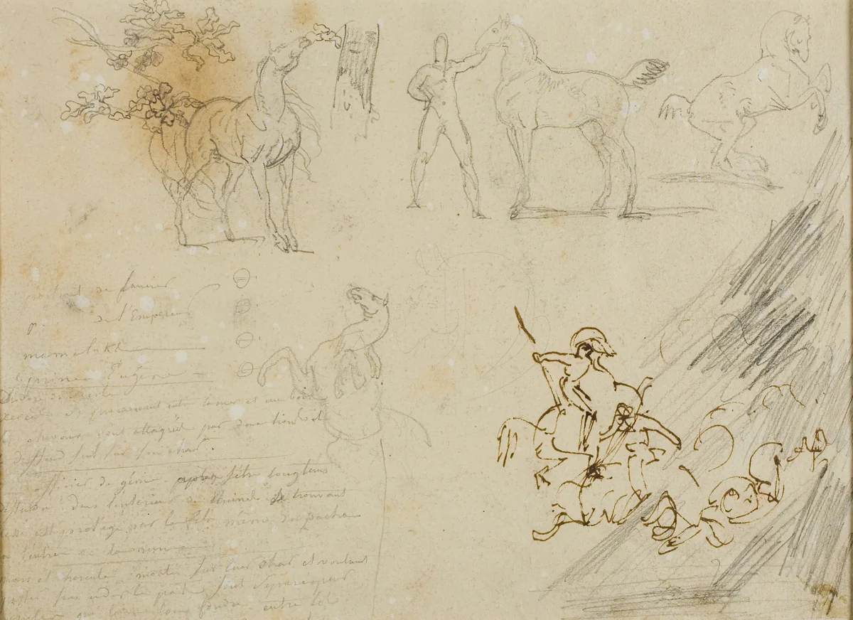 Sketches of Horses, Groom Holding Horse, a Cavalry Battle by Jean Louis André Théodore Géricault, drawing, 1813-1814