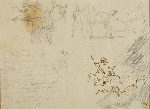 Sketches of Horses, Groom Holding Horse, a Cavalry Battle by Jean Louis André Théodore Géricault, drawing, 1813-1814