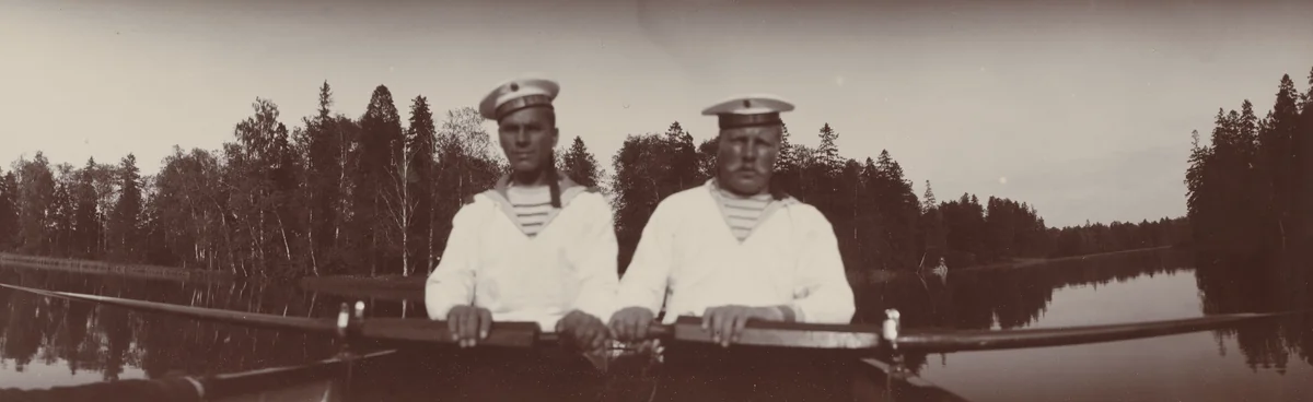 Two Men in White Uniforms Rowing, Gatchino by Unidentified Photographer, photograph, 1907