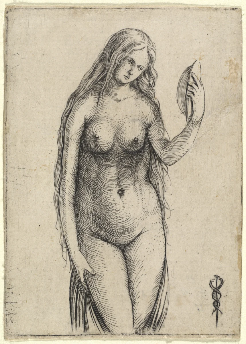 Nude Woman Holding a Mirror (Allegory of Vanitas) by Jacopo de' Barbari, print, 1503-1504