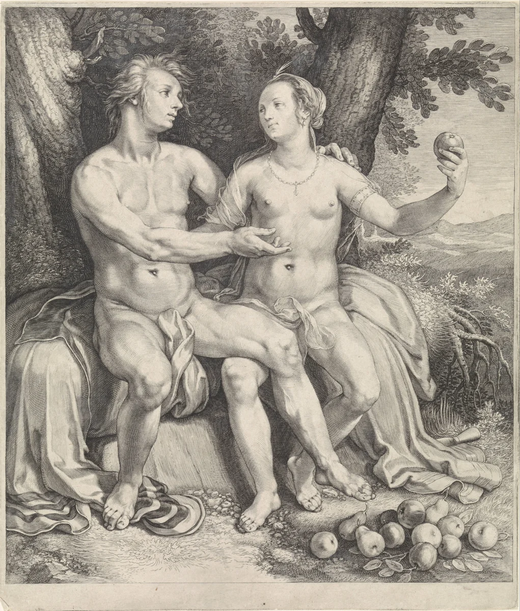 Vertumnus en Pomona by Jan Saenredam, print, 1605