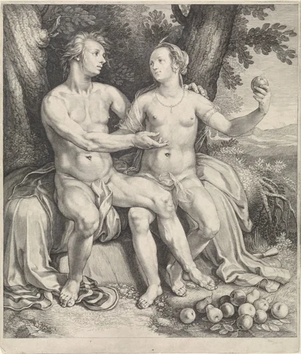 Vertumnus en Pomona by Jan Saenredam, print, 1605