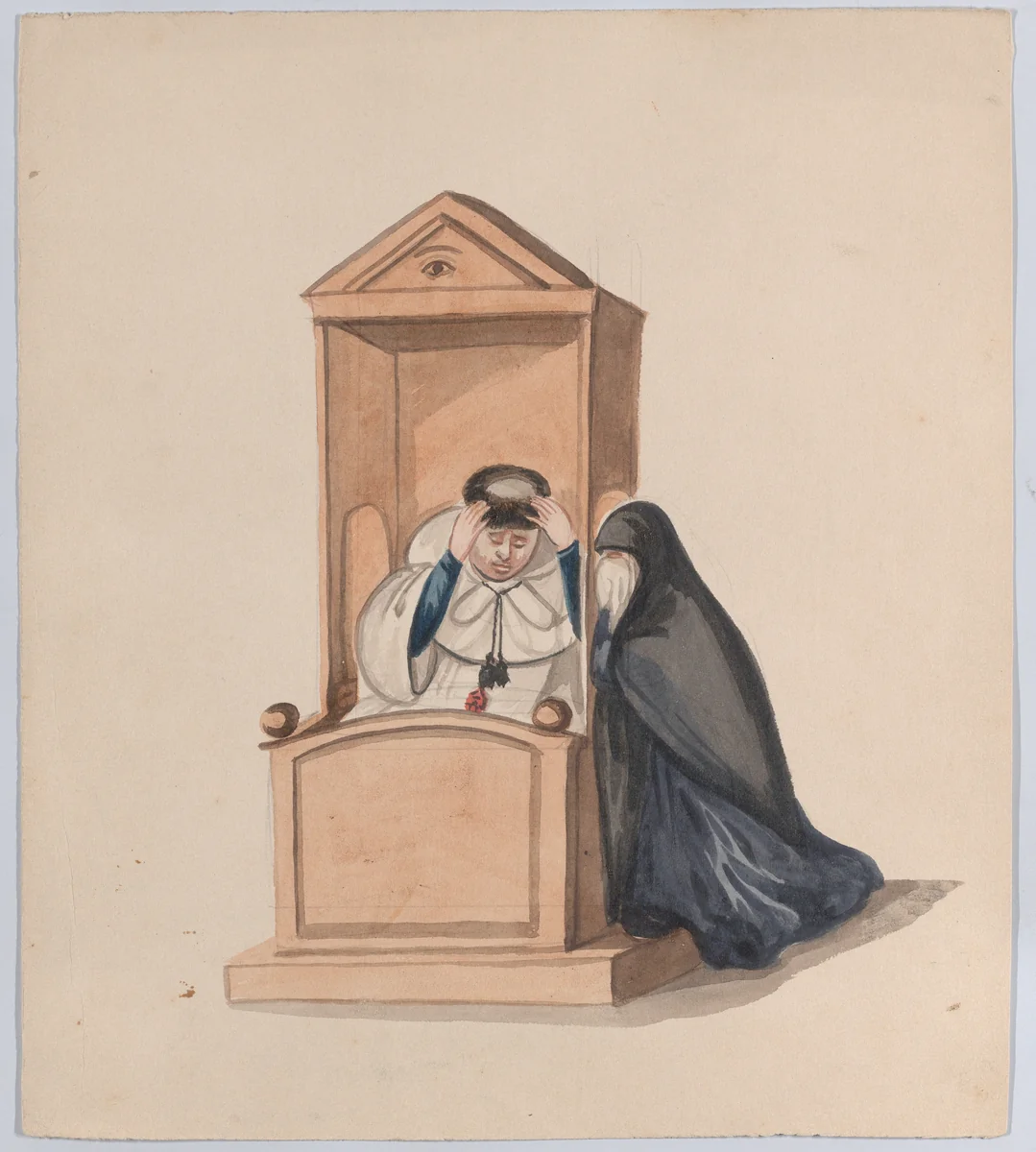 A woman confessing to a priest, from a group of drawings depicting Peruvian dress by Francisco Fierro, drawing, 1843-1853