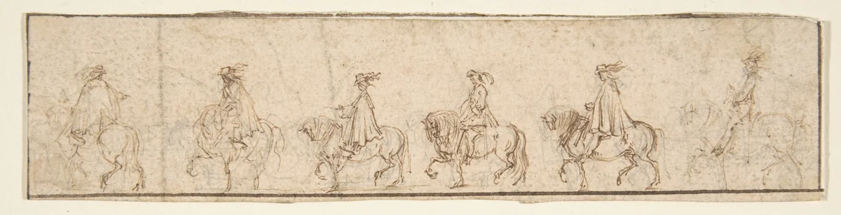 Procession of Six Horsemen in Profile View Facing Left by Stefano della Bella, drawing, 1610-1664