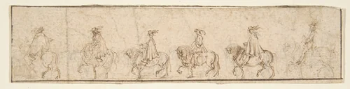 Procession of Six Horsemen in Profile View Facing Left by Stefano della Bella, drawing, 1610-1664