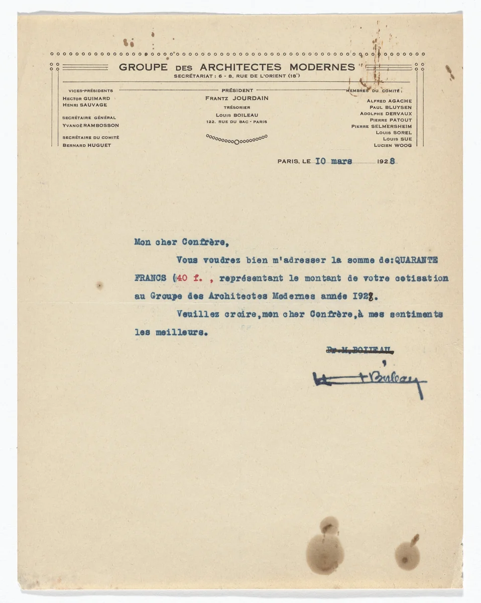 Groupe des Architectes Modernes letterhead (With a list of addresses for architects and artists) by Unidentified Designer, design, 1928