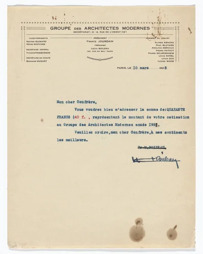 Groupe des Architectes Modernes letterhead (With a list of addresses for architects and artists) by Unidentified Designer, design, 1928
