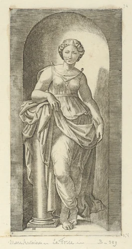 Fortitude or Strength personified by a woman standing in a nice resting her arm on a column, from "The Virtues" by Marcantonio Raimondi, print, 1510-1520