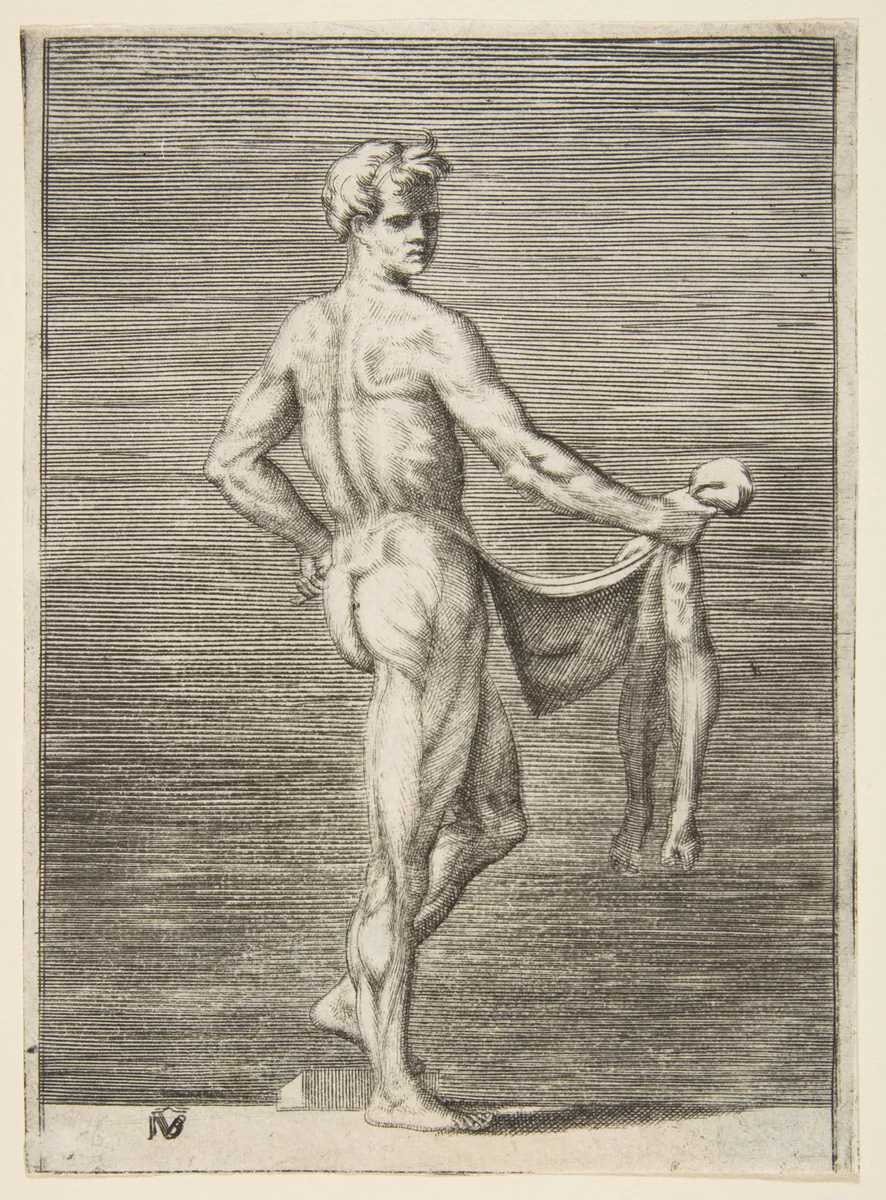 Flayed man seen from behind by Giulio Bonasone, print, 1531-1576