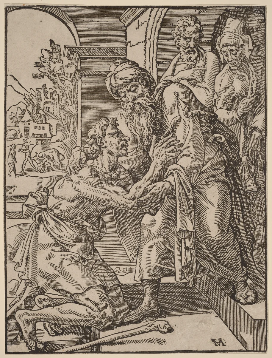 The Return of the Prodigal Son by Dirck Volckertz Coornhert; Maerten van Heemskerck, print, 1548