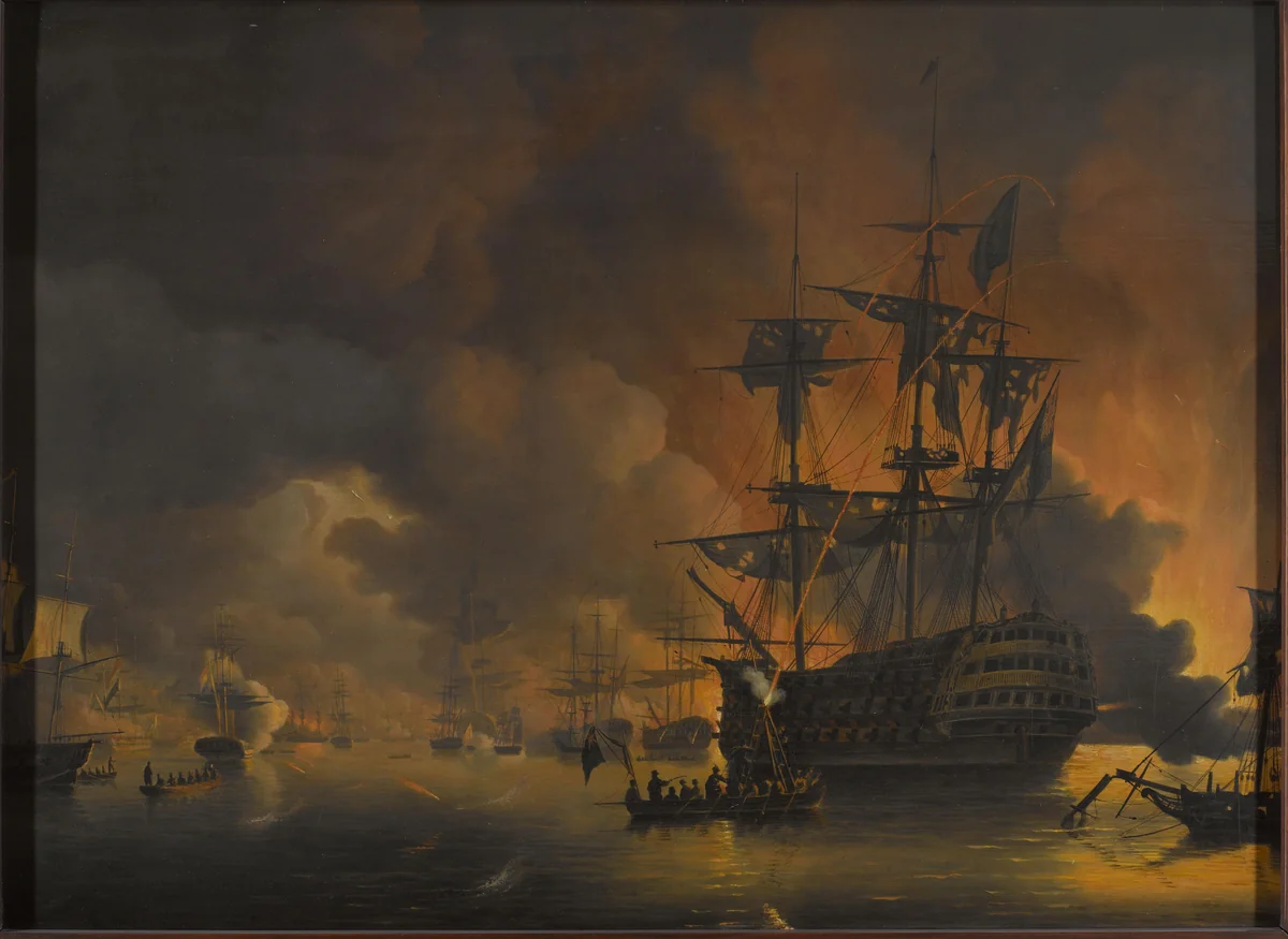 The fire on the Wharves of Algiers, shortly after the commencement of the Bombardment by the Anglo-Dutch Fleet, 27 August 1816 by Nicolaas Baur, painting, 1816-1820