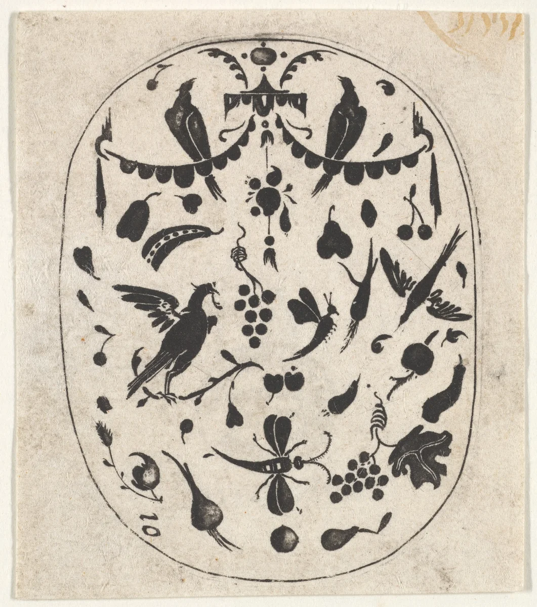 Oval Blackwork Print with Birds, Insects and Fruits by Claes Jansz Visscher, print, 1600-1620